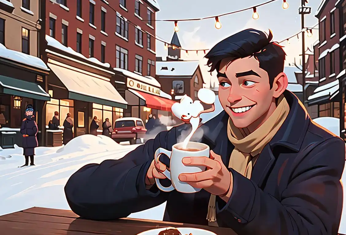 Young man enjoying a steaming hot beverage with a smile, wearing cozy winter clothes, snowy city scene..