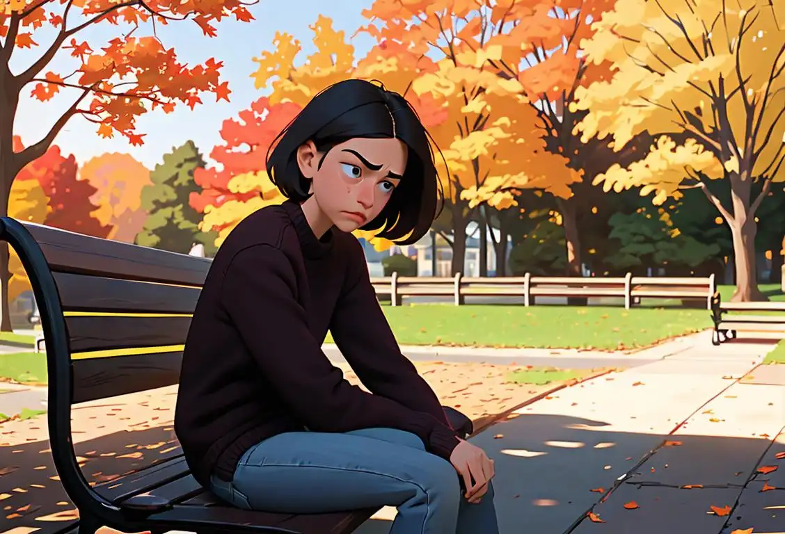 Person sitting on a bench, looking down with a sad expression, wearing a cozy sweater, fall foliage in the background..