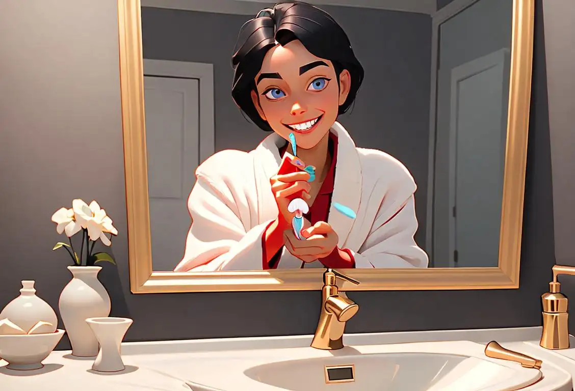 Young individual holding a toothbrush, smiling at themselves in the mirror, wearing a cozy bathrobe, bathroom setting..