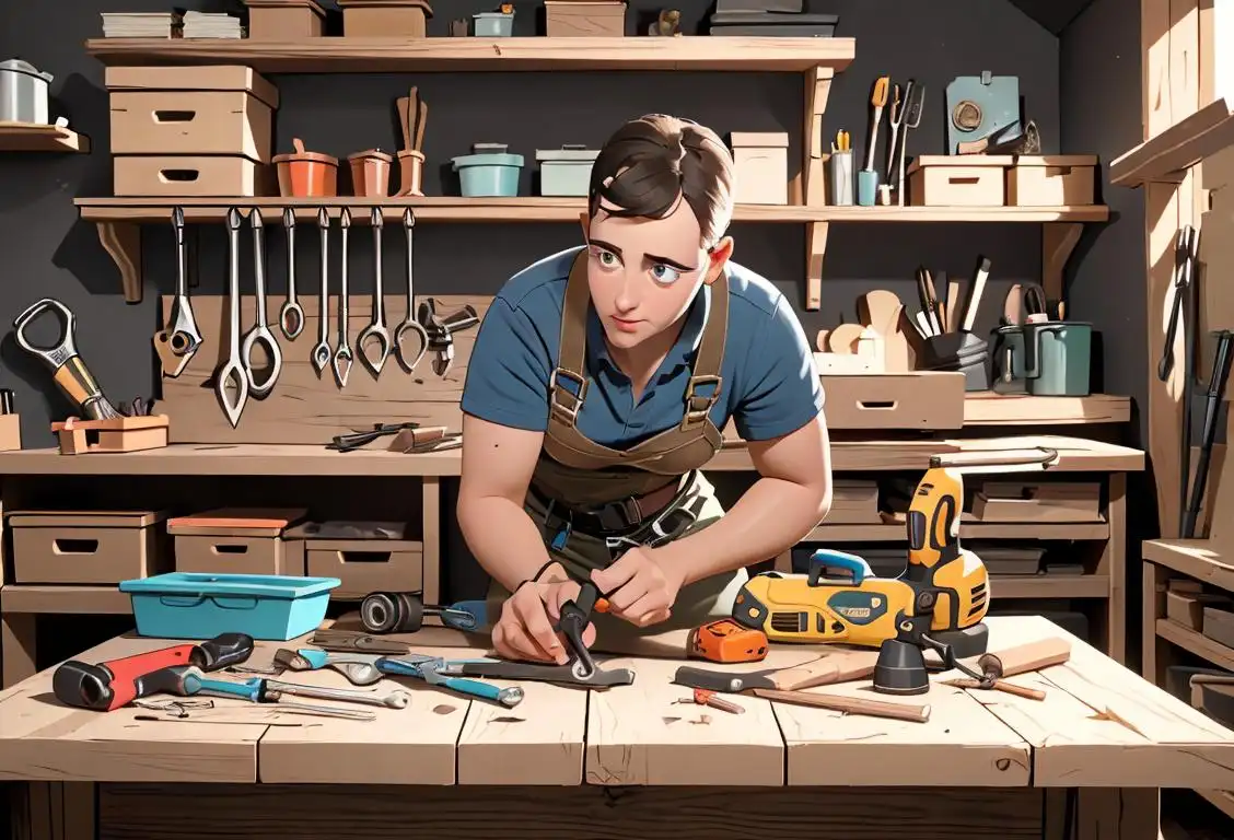 A skilled DIY enthusiast, wearing a tool belt, confidently using various tools in a well-organized workshop..