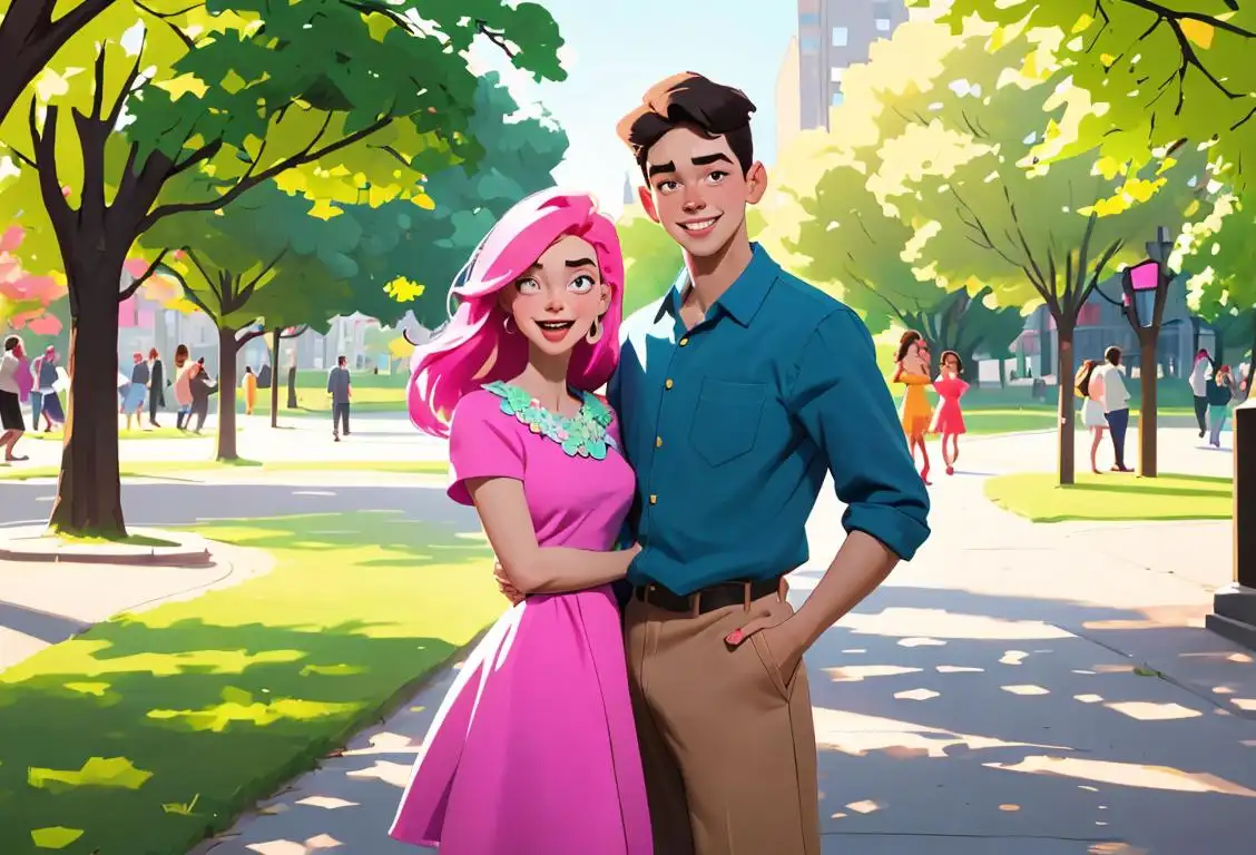 Young man and woman joyfully breaking dress code by wearing vibrant, mismatched clothing in a lively city park..
