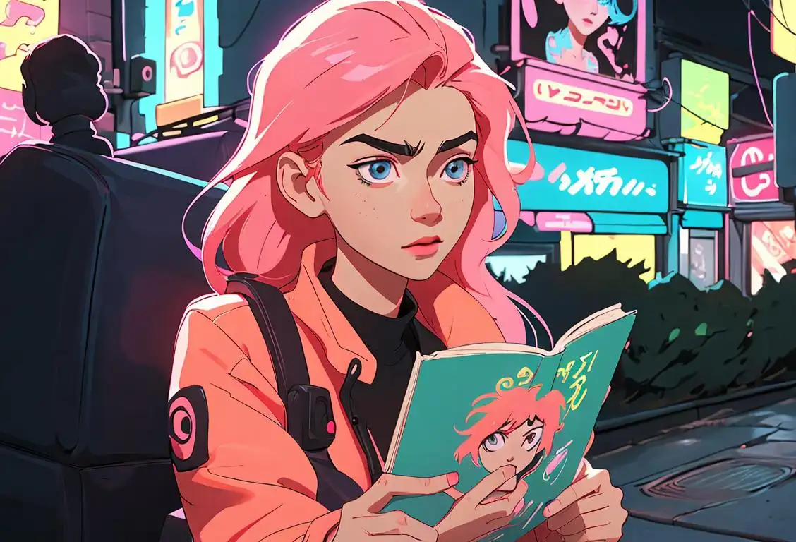 Adventurous young girl with vibrant hair reading manga on a city rooftop, surrounded by futuristic neon lights, urban fashion vibes..