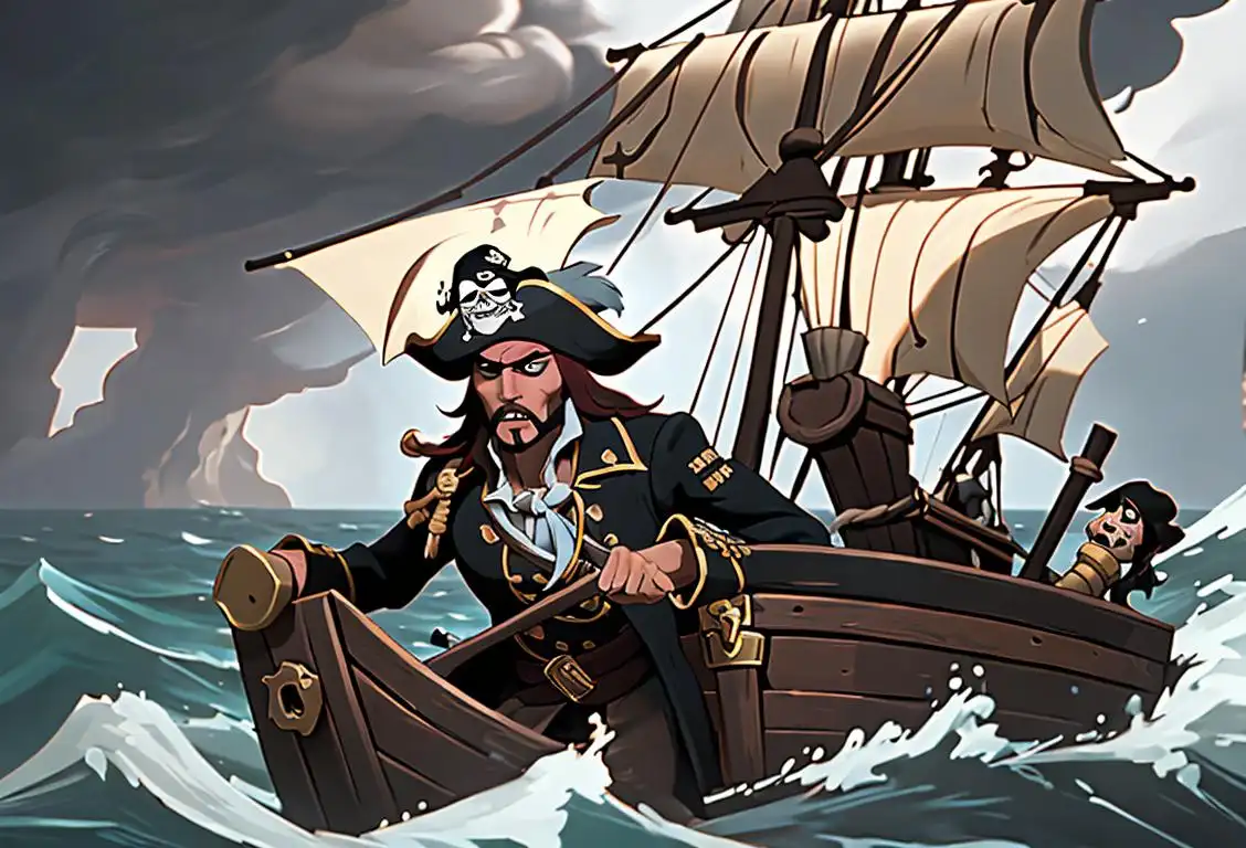 A fearless pirate captain with an eyepatch, wearing a tricorn hat, in a stormy sea, surrounded by maps and treasure chests..