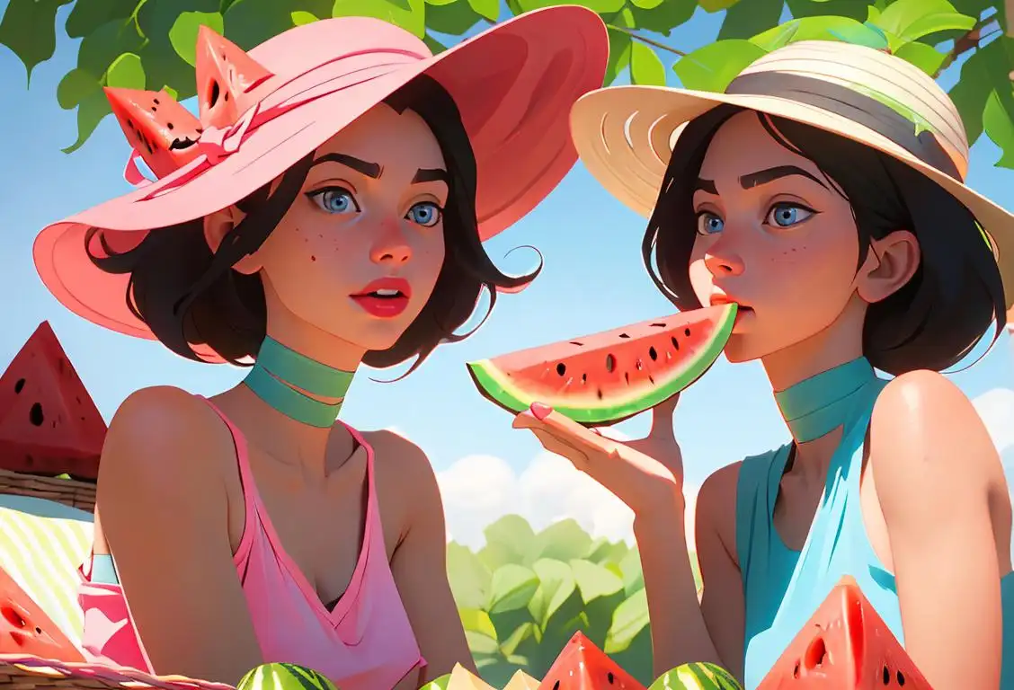 Young woman enjoying a delicious slice of watermelon, wearing a sun hat and summer attire, surrounded by a vibrant picnic scene..