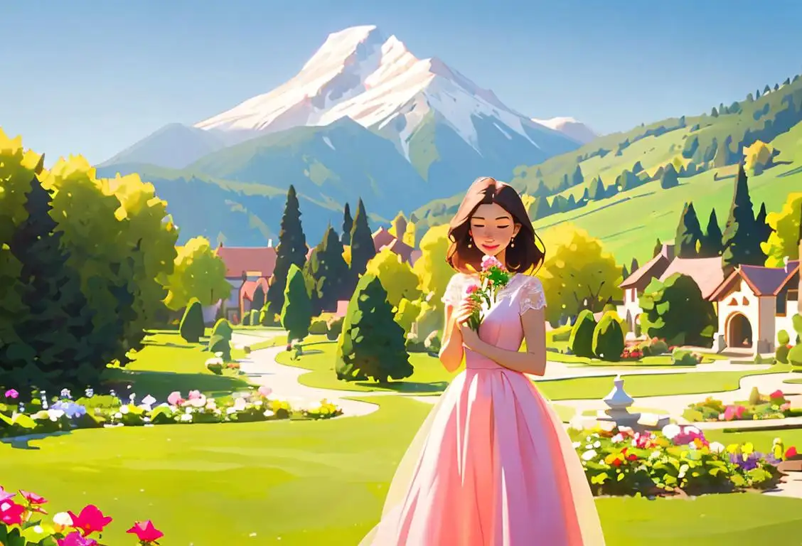 Young woman enjoying a sunny day in a garden, wearing a flowy dress, smelling flowers with a peaceful mountain backdrop..