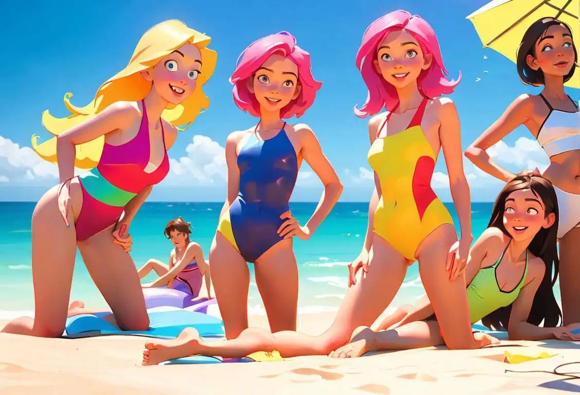 A happy group of friends, wearing colorful swimwear, enjoying a sunny day at the beach..