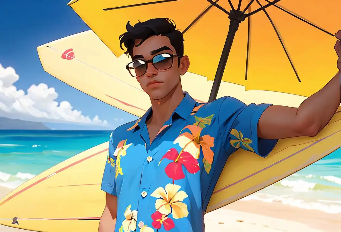Young man named Adrian, wearing a Hawaiian shirt, sunglasses, on a sunny beach with a surfboard..