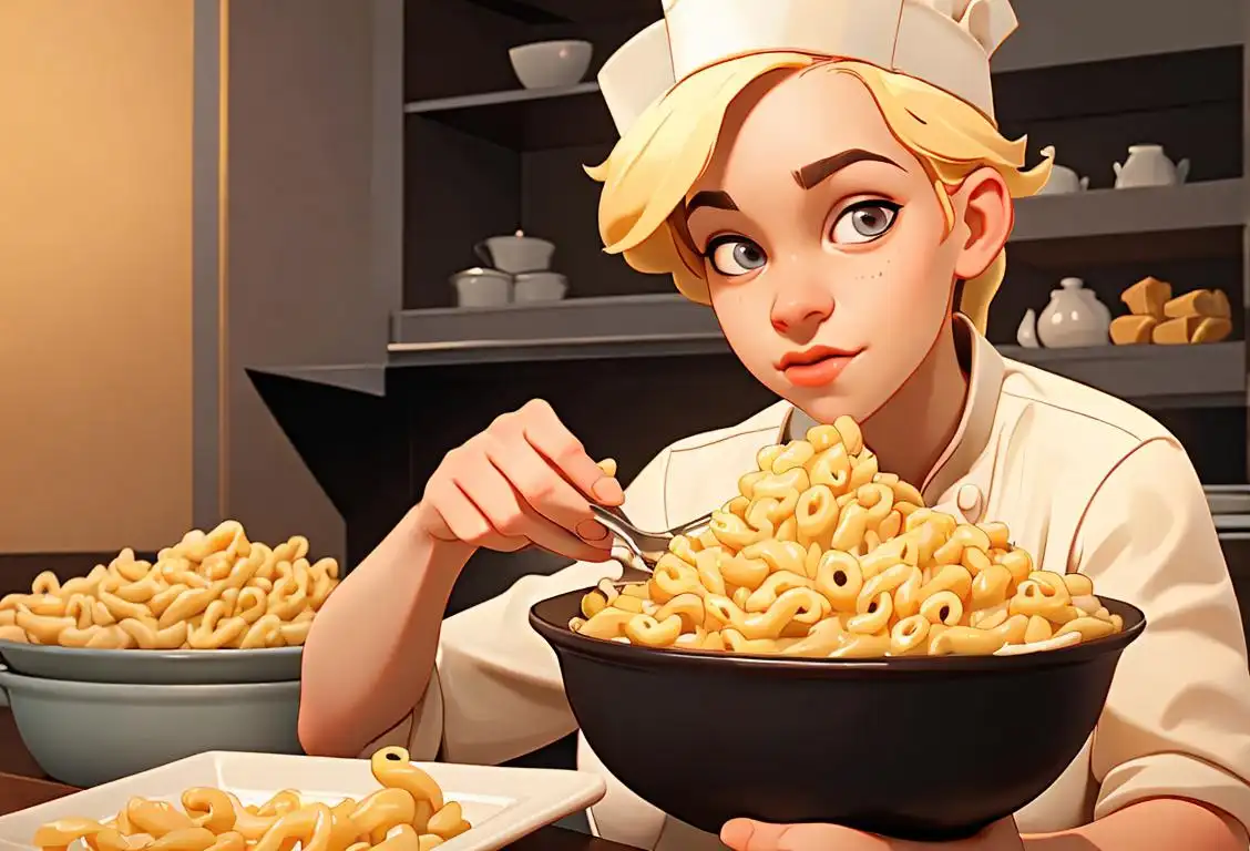 A person holding a bowl of creamy mac and cheese, wearing a chef's hat, with a backdrop of a cozy kitchen..