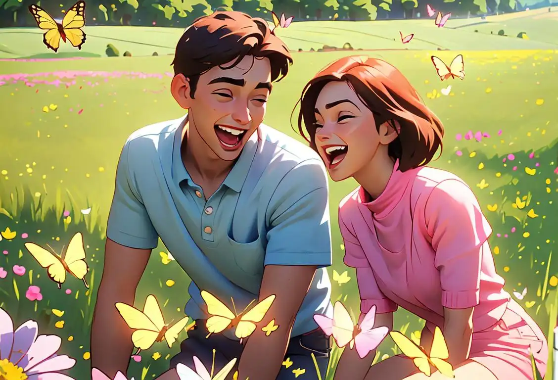 Young couple laughing in a sunny meadow, wearing casual clothing, surrounded by vibrant flowers and butterflies..