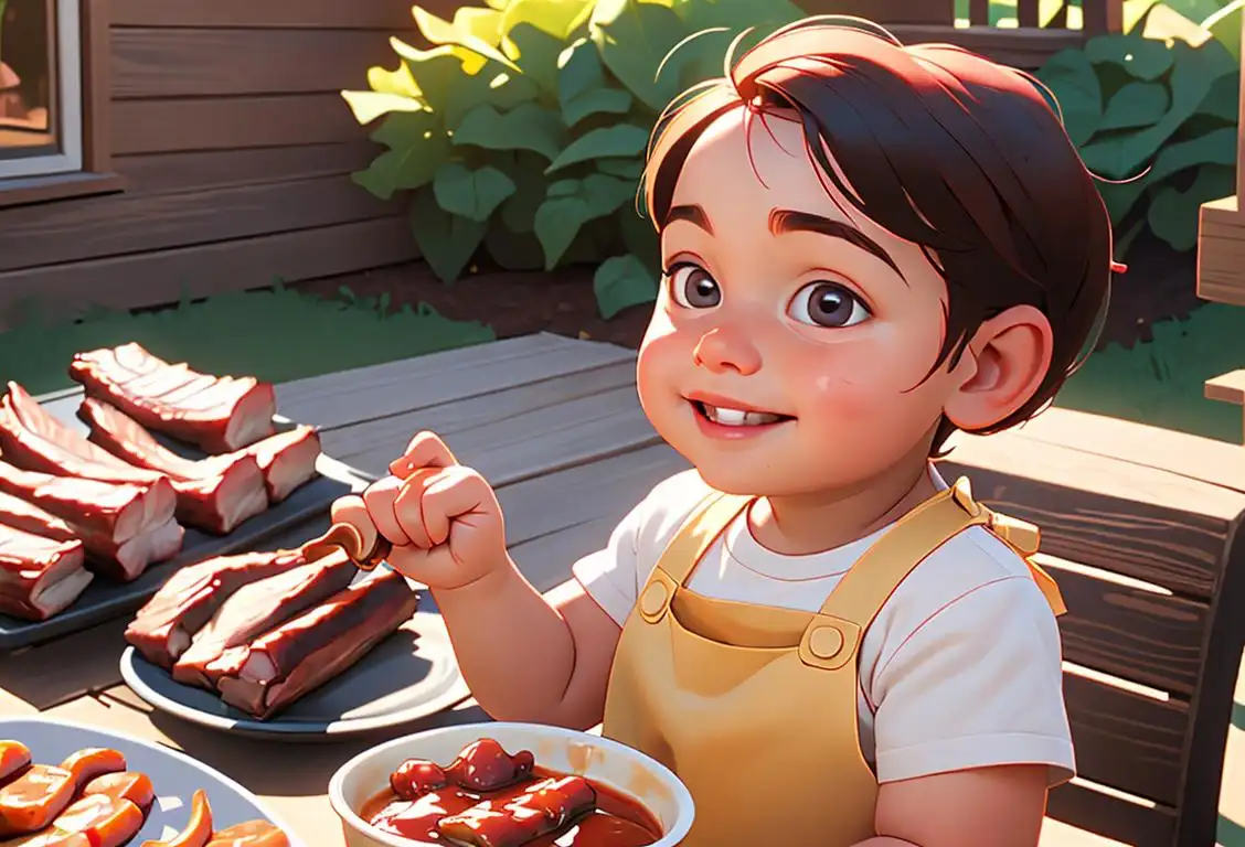Smiling child with barbecue sauce on cheeks, wearing a cute bib, summertime backyard cookout scene with family and friends..
