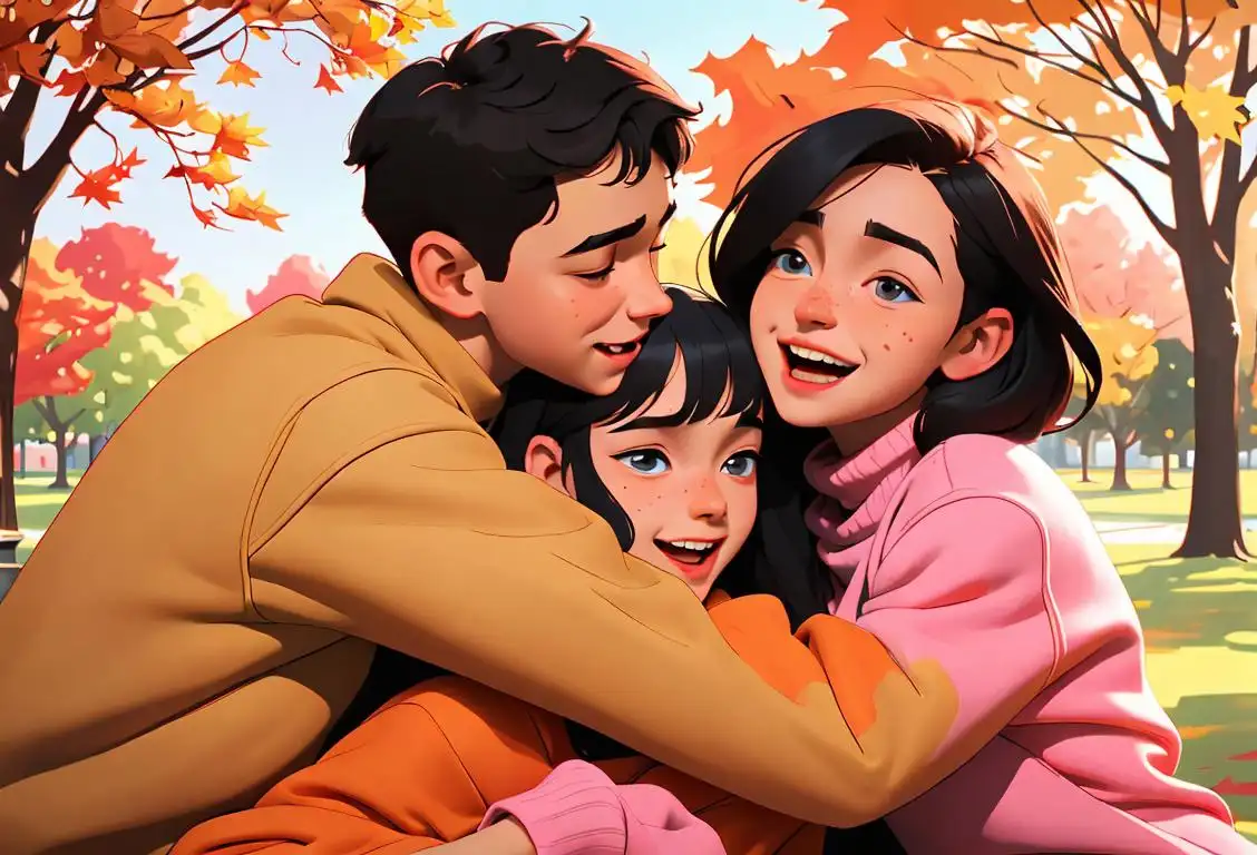 A group of diverse young boys embracing girls in a park, wearing cozy sweaters, surrounded by autumn leaves and laughter..