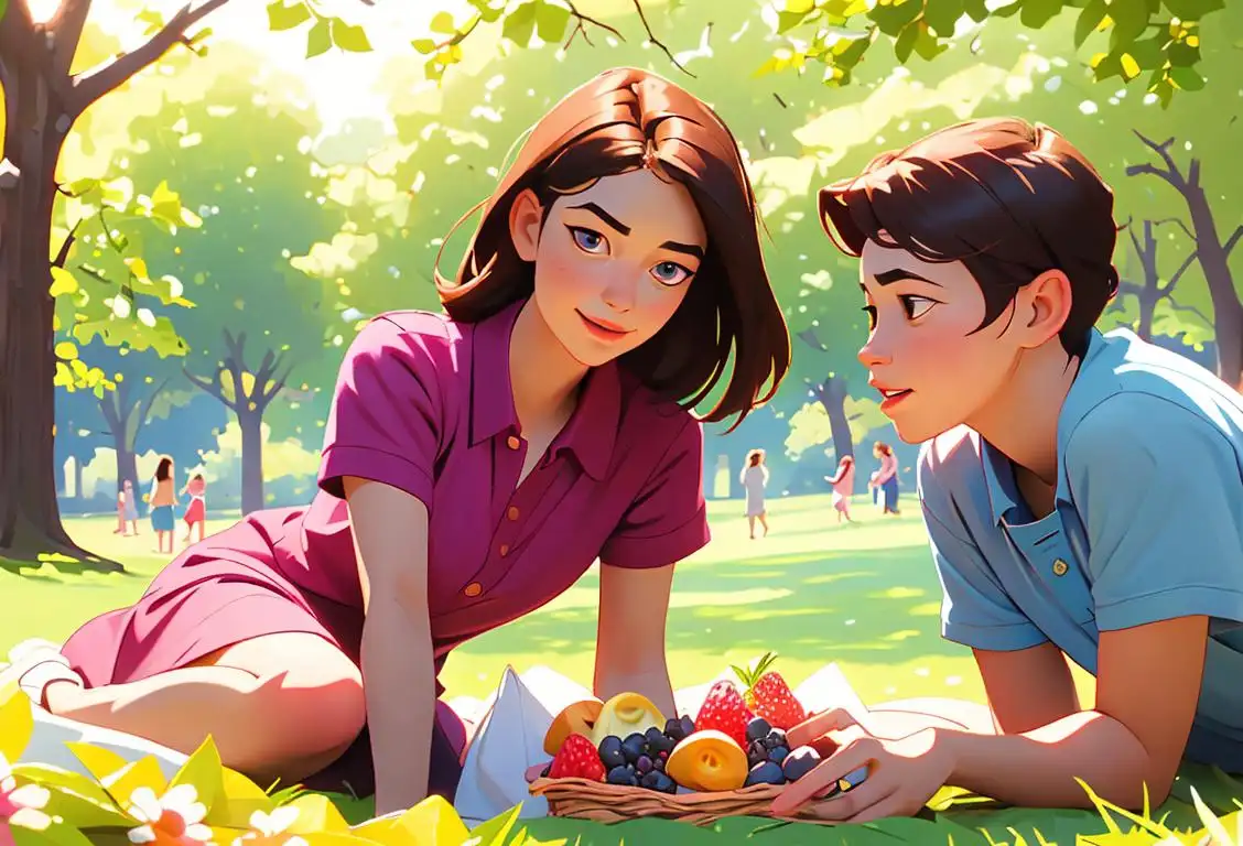 Young couple on a picnic blanket in a park, enjoying a basket of berries, summer fashion, sunny day..