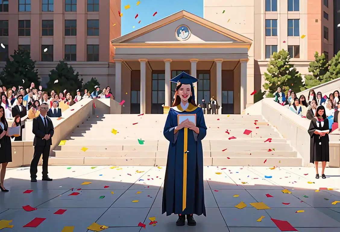 Happy people wearing graduation gowns, holding diplomas, standing in front of a university building, surrounded by confetti..