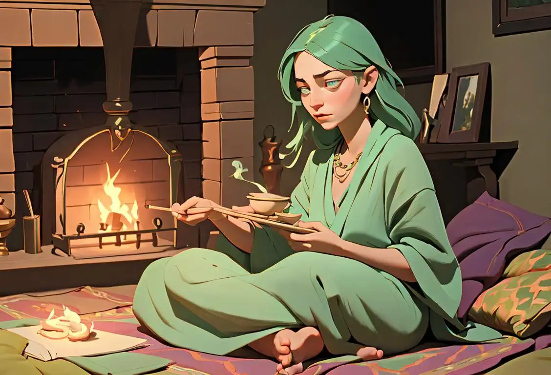 Young woman with sage bundle in hand, wearing bohemian style clothing, sitting in a cozy living room with incense burning..