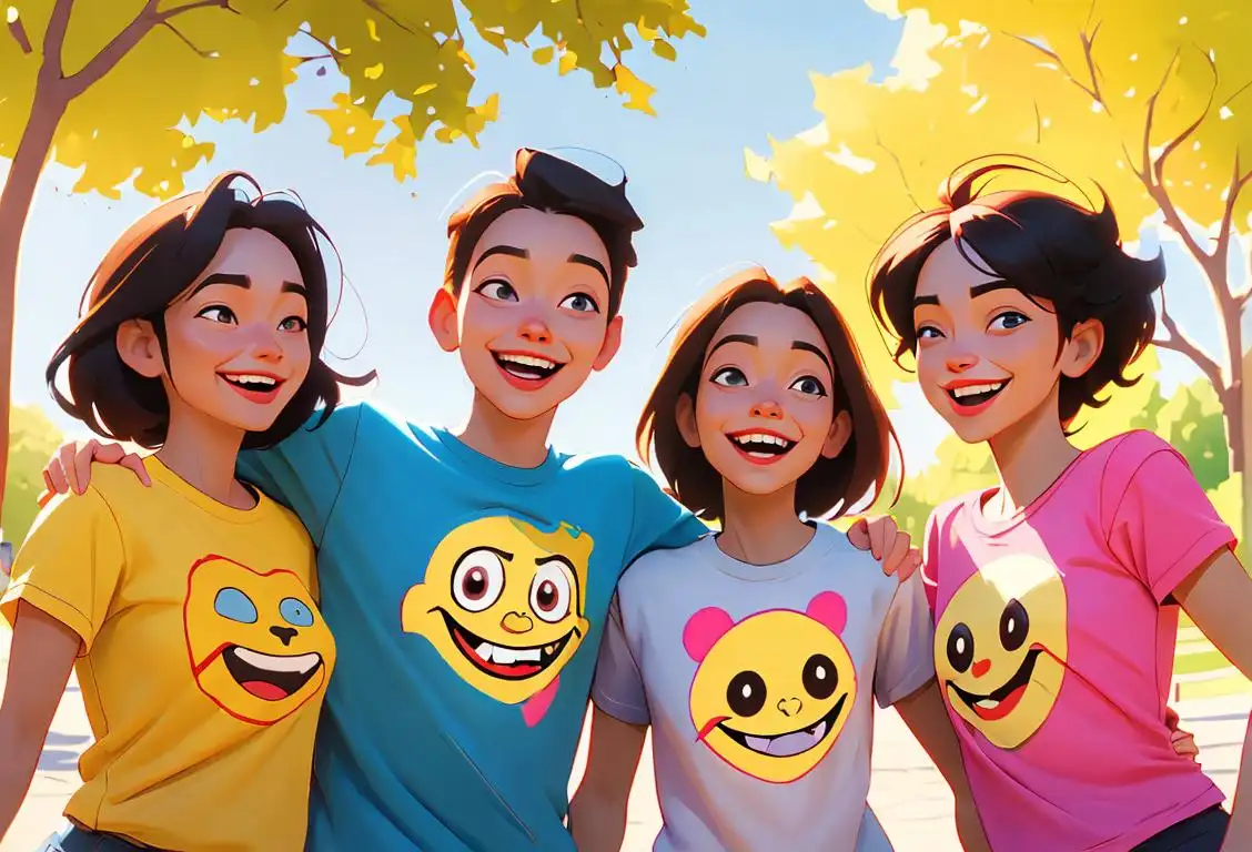 Three friends with smiley faces, wearing colorful t-shirts, laughing and walking together in a sunlit park..