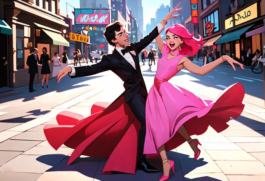 A young man and woman dancing with joy, dressed in trendy outfits, against a vibrant city backdrop..