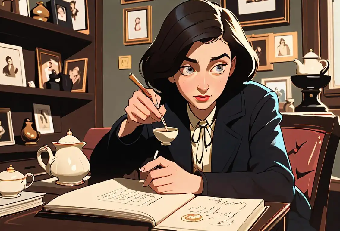 Young adult dressed in vintage clothing, sitting in a cozy bookshop with a cup of tea, holding a handwritten journal and describing themselves in the third person..