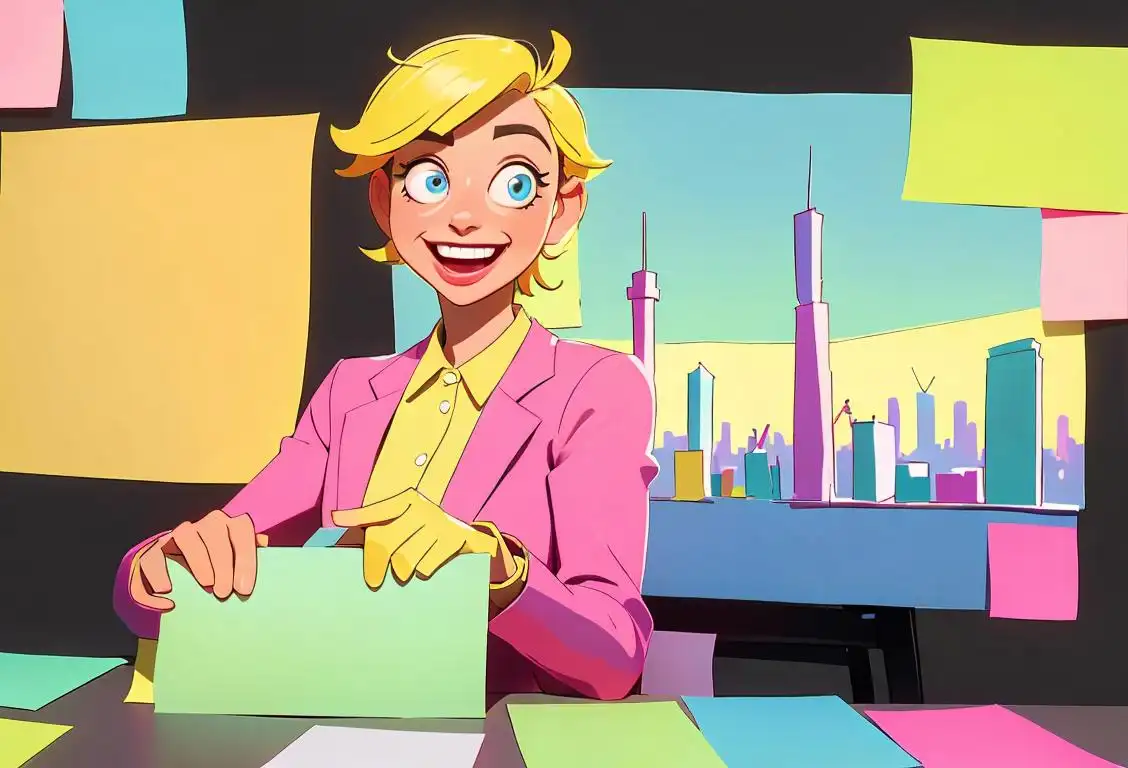 A cheerful person surrounded by colorful post-it notes, wearing a bright outfit, vibrant cityscape in the background..