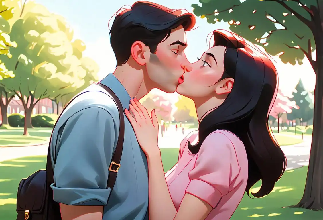 Young couple sharing a sweet, innocent kiss, dressed in retro 1950s fashion, surrounded by a romantic park scenery..