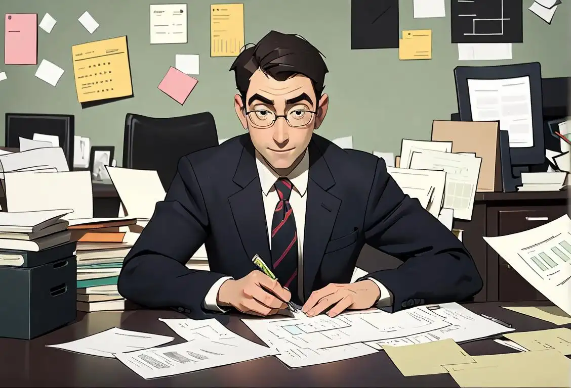 Happy accountant holding a calculator, wearing a suit, in a modern office setting with papers scattered on the desk..