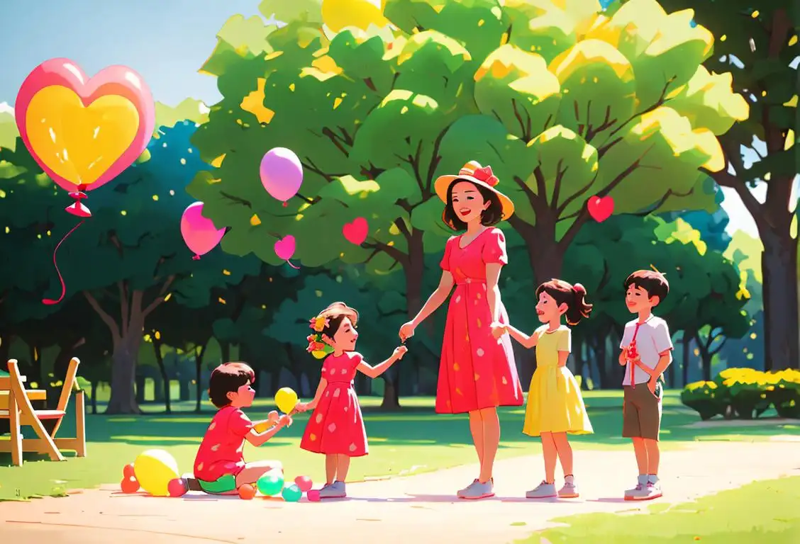 A joyful family picnic in a sunny park, kids in colorful outfits playing with balloons, surrounded by a beautiful nature scene..
