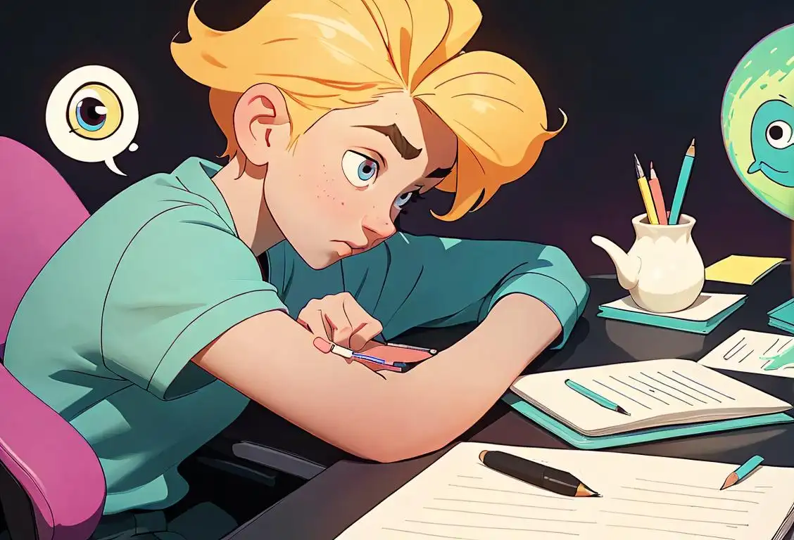 Young person sitting at a desk, typing on a laptop, surrounded by colorful notebooks and pens, with a thought bubble full of creative ideas..