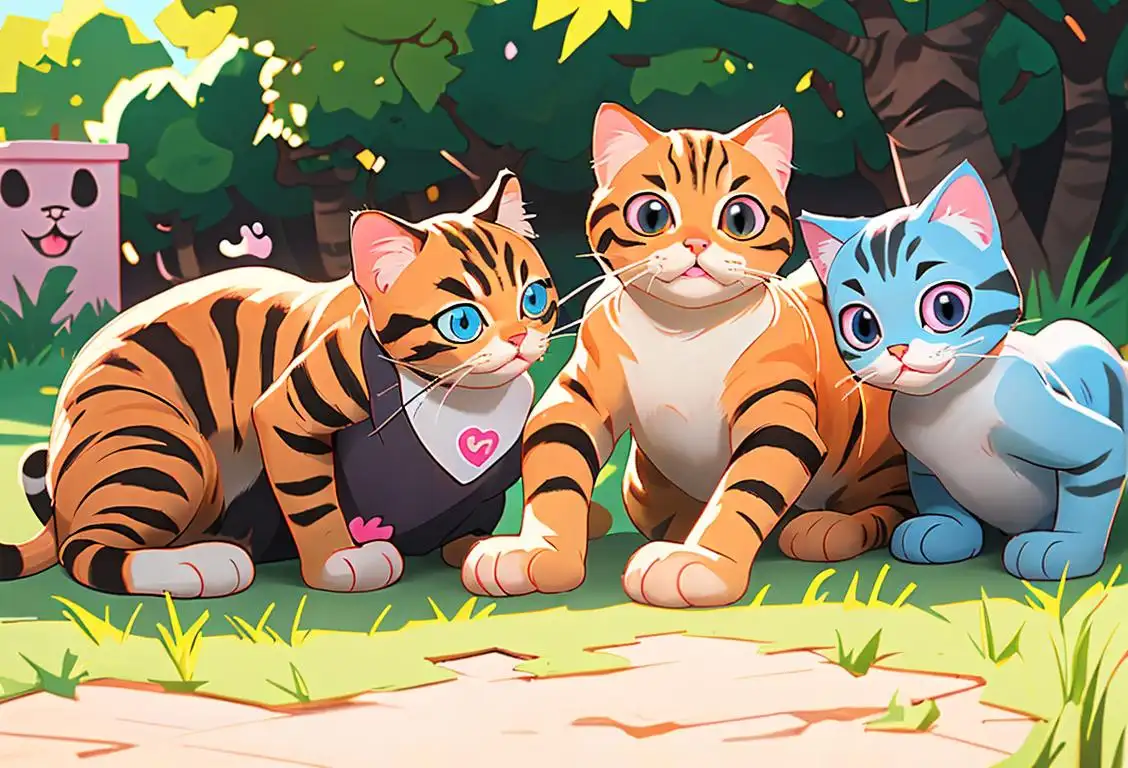A group of friends gathered outdoors, wearing cute cat ear headbands, and happily meowing like cats. The scene is adorned with colorful paw prints and surrounded by playful kitty toys..