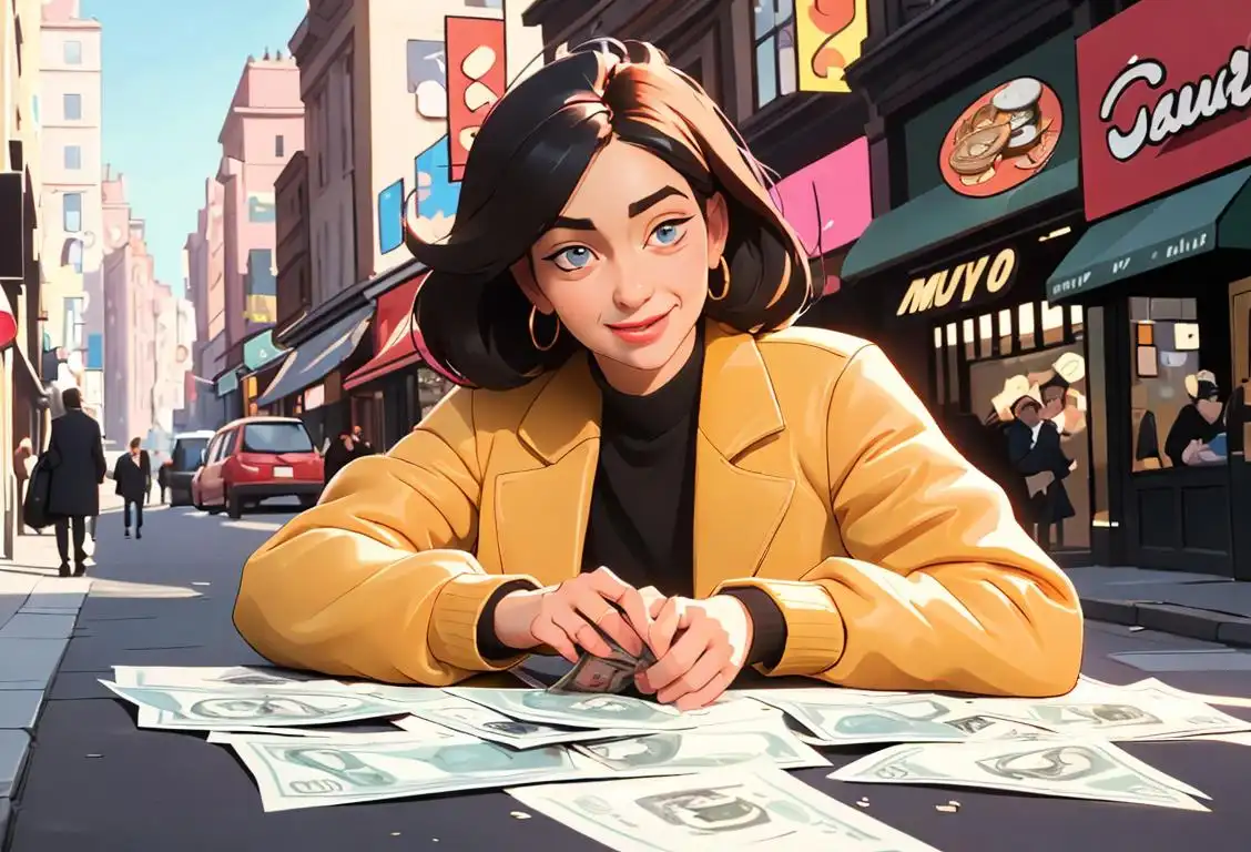 Person happily holding a pile of money, wearing a trendy outfit, bustling city street scene..