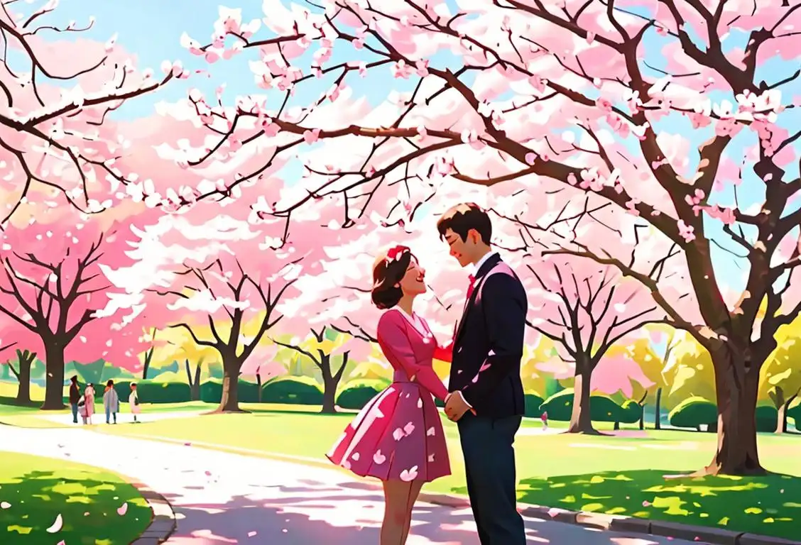Young couple embracing under a blooming cherry blossom tree, dressed in colorful spring outfits, park setting..