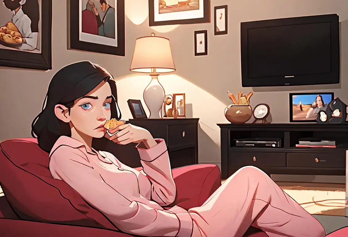 A cozy living room with a person wearing pajamas, surrounded by snacks and binge-watching their favorite TV show..