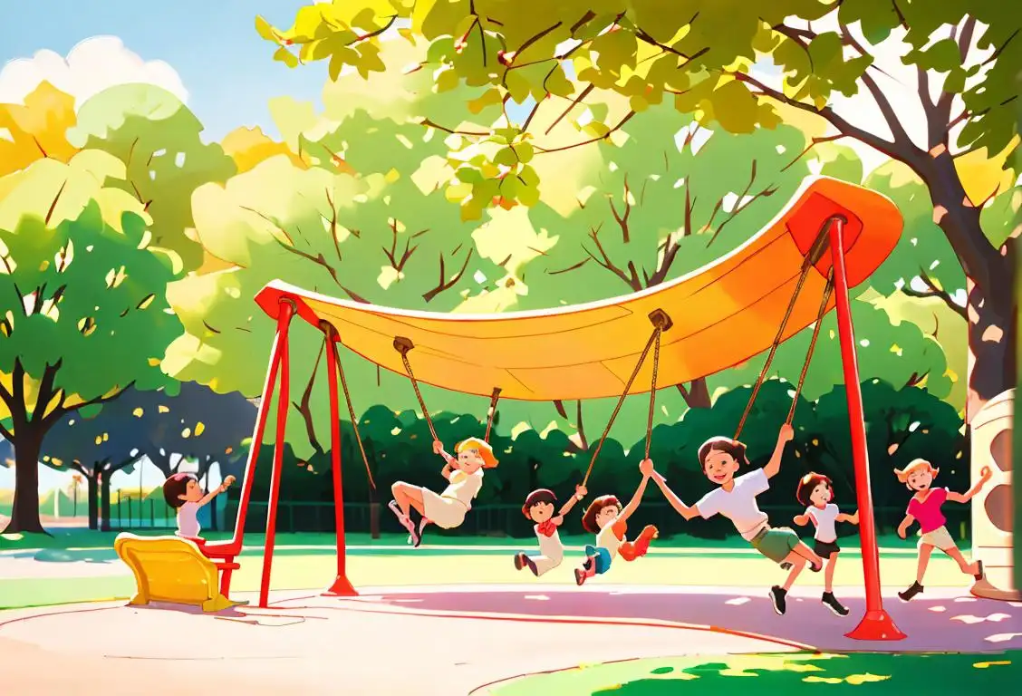 A group of joyful children swinging on a playground, with colorful clothes, sunny park setting..