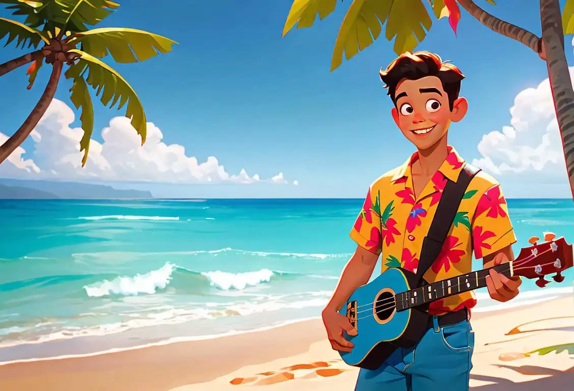 Young man named Ricky wearing a vibrant Hawaiian shirt, surrounded by tropical beach scenery, holding a ukulele and smiling with joy..