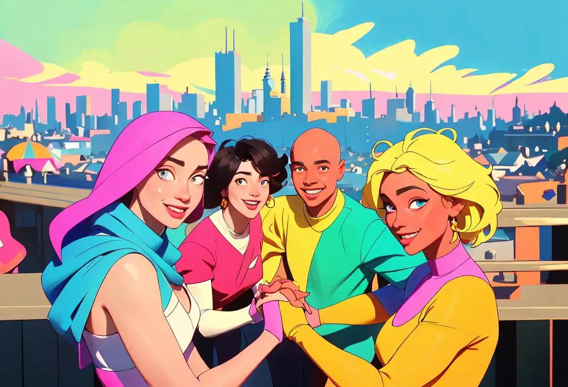 A group of diverse people named Michael, smiling and holding hands, dressed in colorful and stylish attire, with a vibrant cityscape in the background..