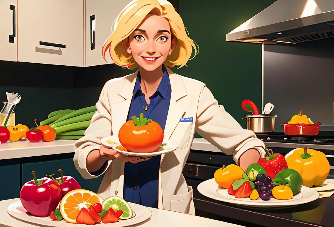 A smiling dietitian holding a plate of colorful fruits and vegetables, wearing a white lab coat, modern kitchen setting..
