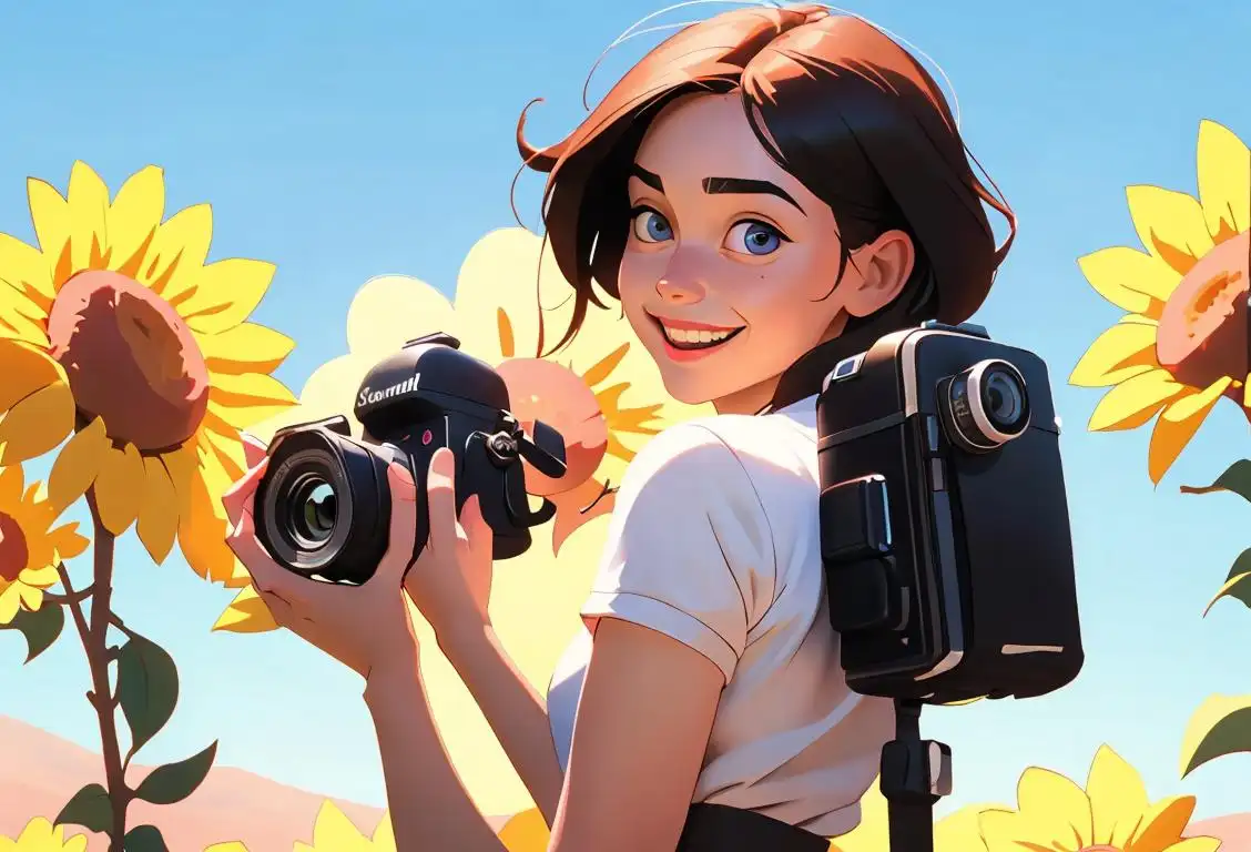 Young person holding a camera, with a scenic background, capturing a joyful expression with a playful outfit and sunny weather..