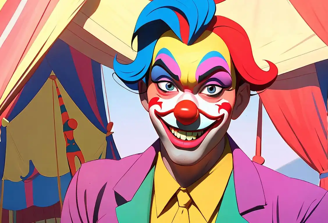 A mischievous person with a playful smirk, wearing a colorful clown costume, circus tent in the background..