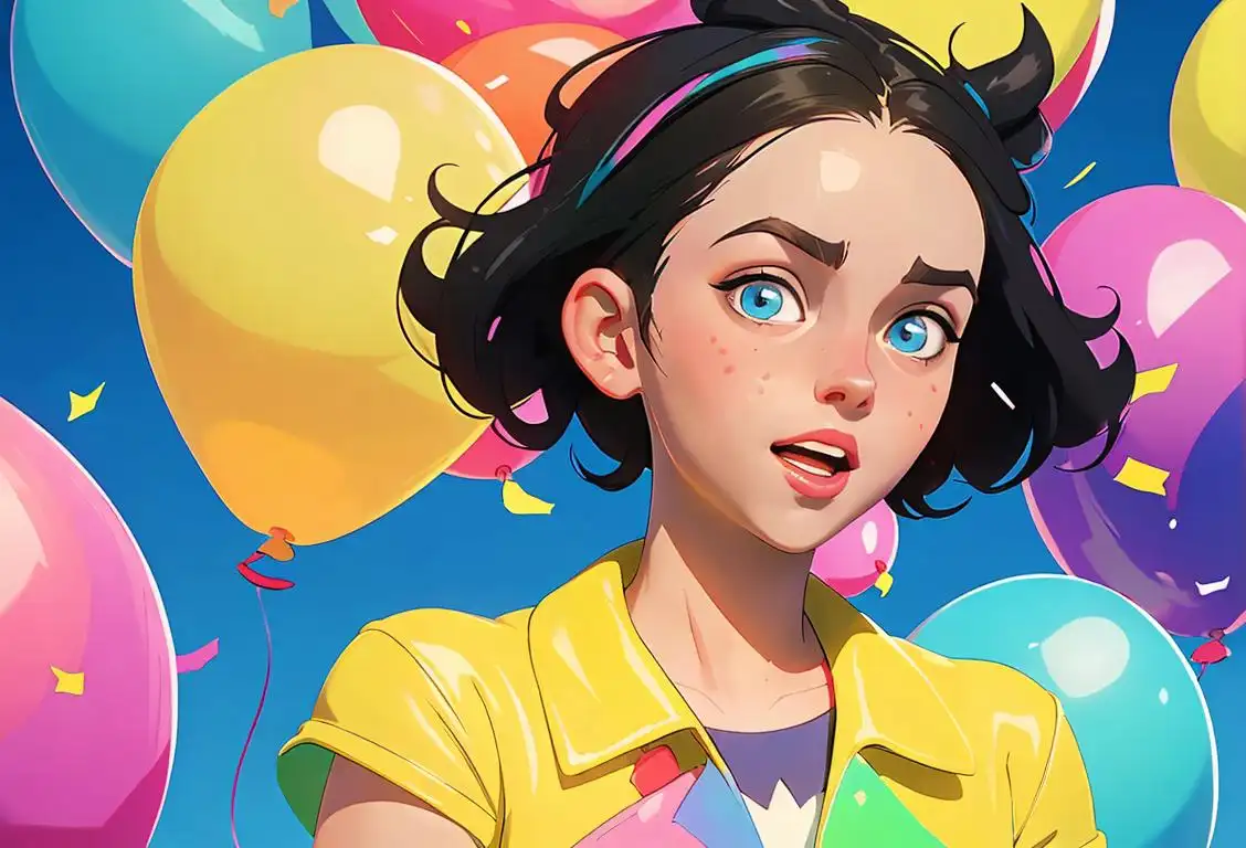 A joyful person named Marnie wearing a colorful outfit, playing with confetti, surrounded by balloons and a vibrant party atmosphere..