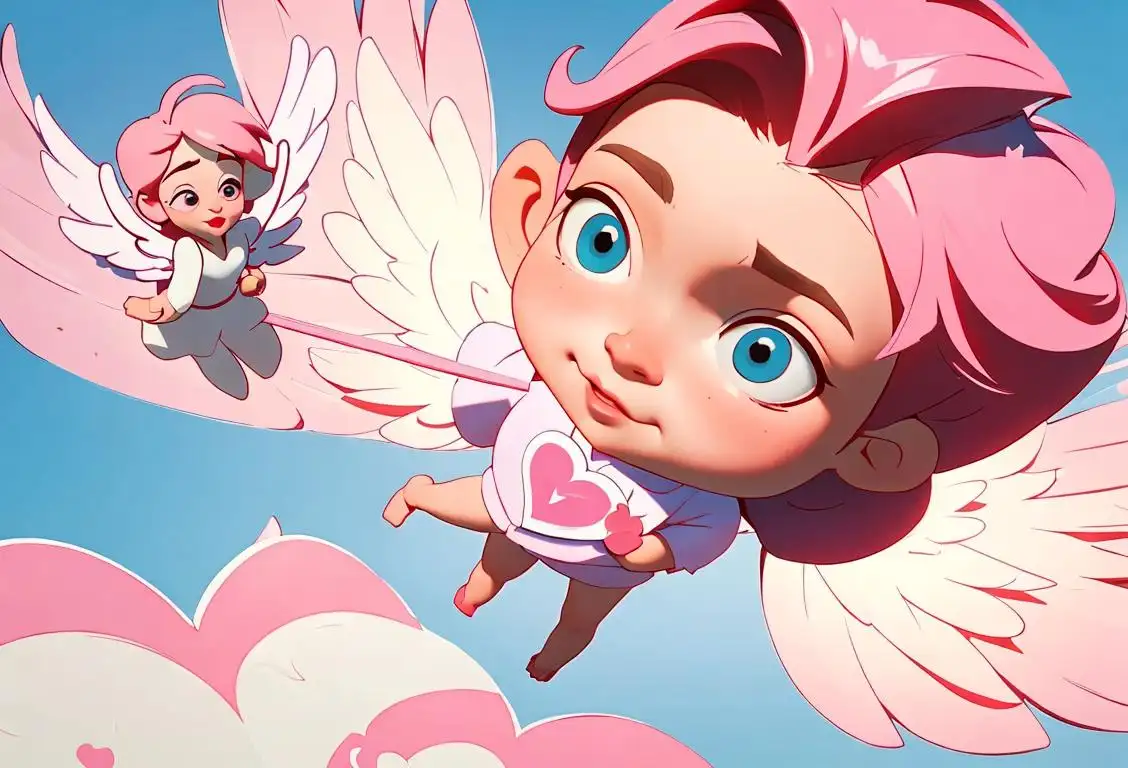 Sweet and innocent image of a person holding a heart-shaped tag, with dreamy background and cupid flying overhead, inviting others to join in the fun..