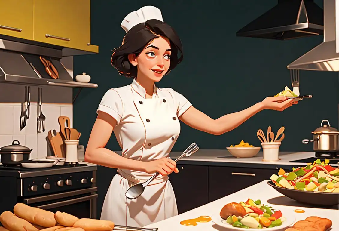 Happy woman wearing a chef hat, standing confidently in a vibrant kitchen, surrounded by cooking utensils and delicious food..