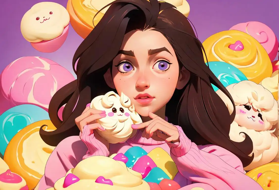 Young woman, wearing a cozy sweater, surrounded by fluffy pillows, enjoying a sweet treat shaped like a 'D' with colorful toppings..