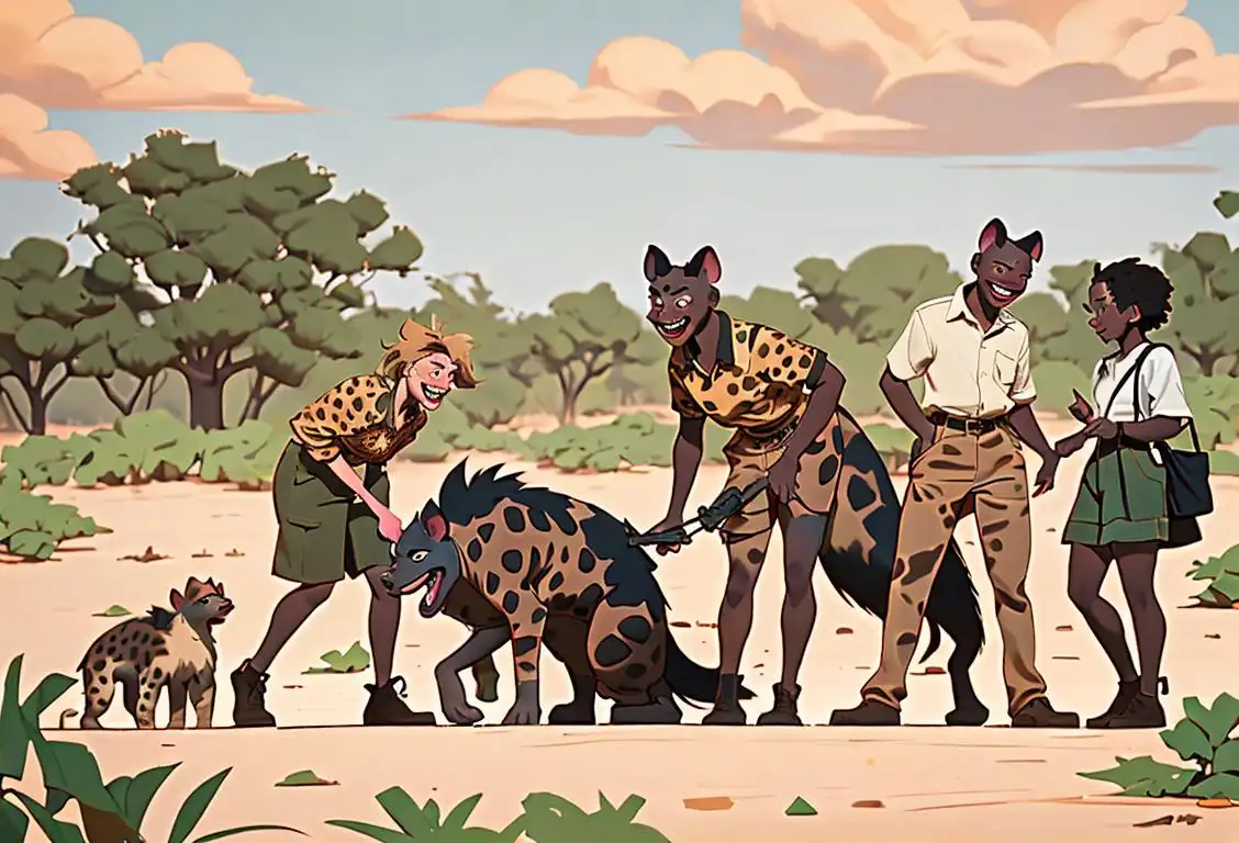 A group of hyenas with distinctive laughs, showcasing their fascinating social behavior. Include a savannah setting and people with safari outfits..