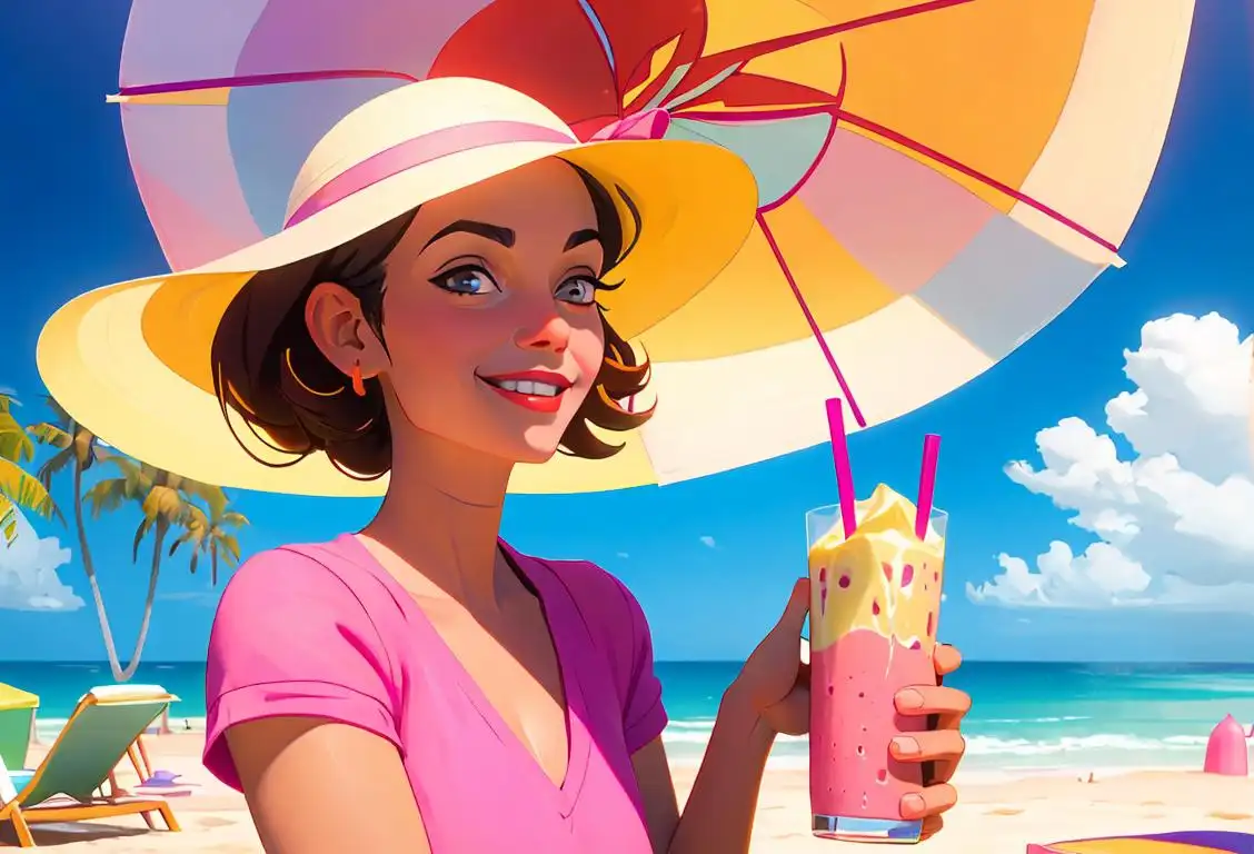 A smiling woman holding a colorful smoothie, wearing a sun hat, beach setting with palm trees in the background..
