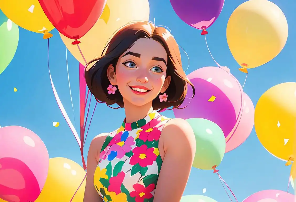Young woman named Addie, smiling and wearing a floral dress, surrounded by colorful balloons in a sunny park setting..