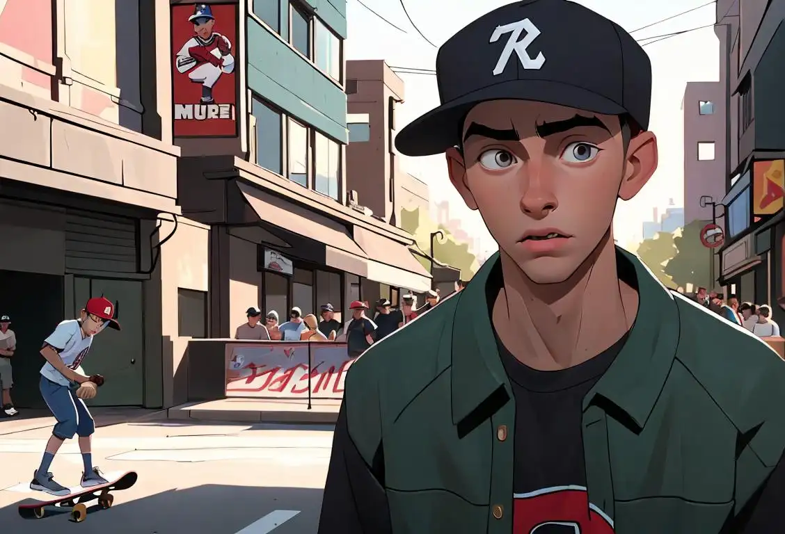 Young man named Kyle, wearing a baseball cap, skateboarding in an urban city setting, surrounded by friends..