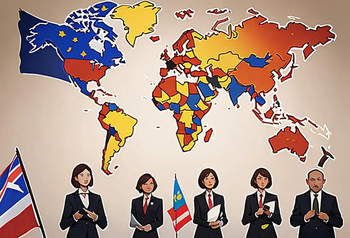 Group of diverse interpreters in professional attire, holding flags of different countries, with a world map in the background..