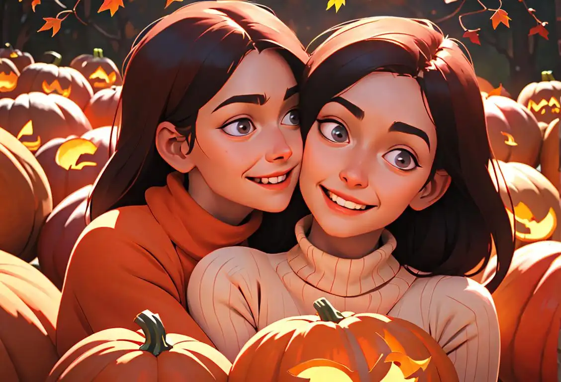 Happy people embracing tightly, wearing cozy sweaters, surrounded by autumn leaves and pumpkins..