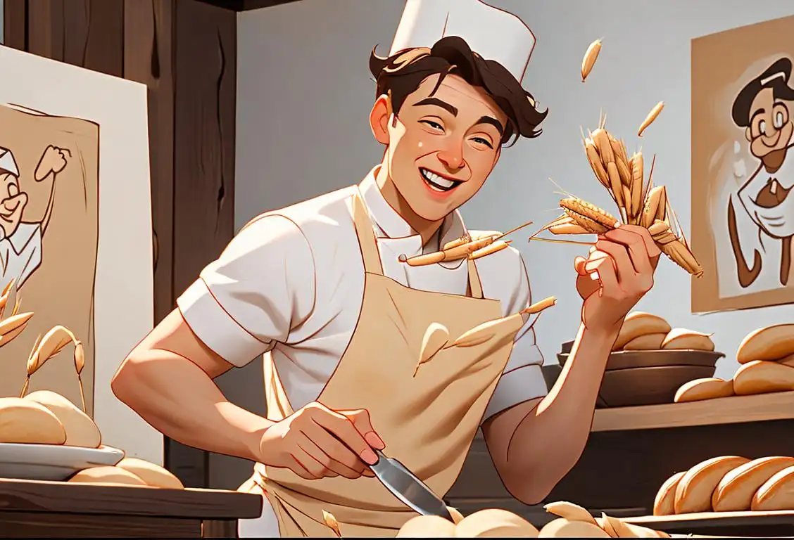A baker joyfully tossing wheat flour into the air while wearing a chef hat, smiley apron, and a rustic bakery setting..