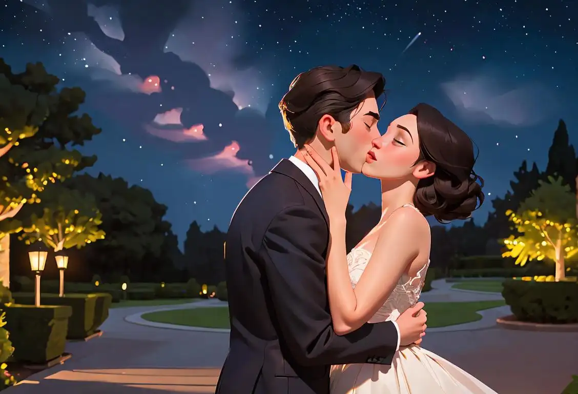 A young couple sharing their first kiss under a romantic starry sky, dressed in elegant attire, in a beautifully decorated garden..