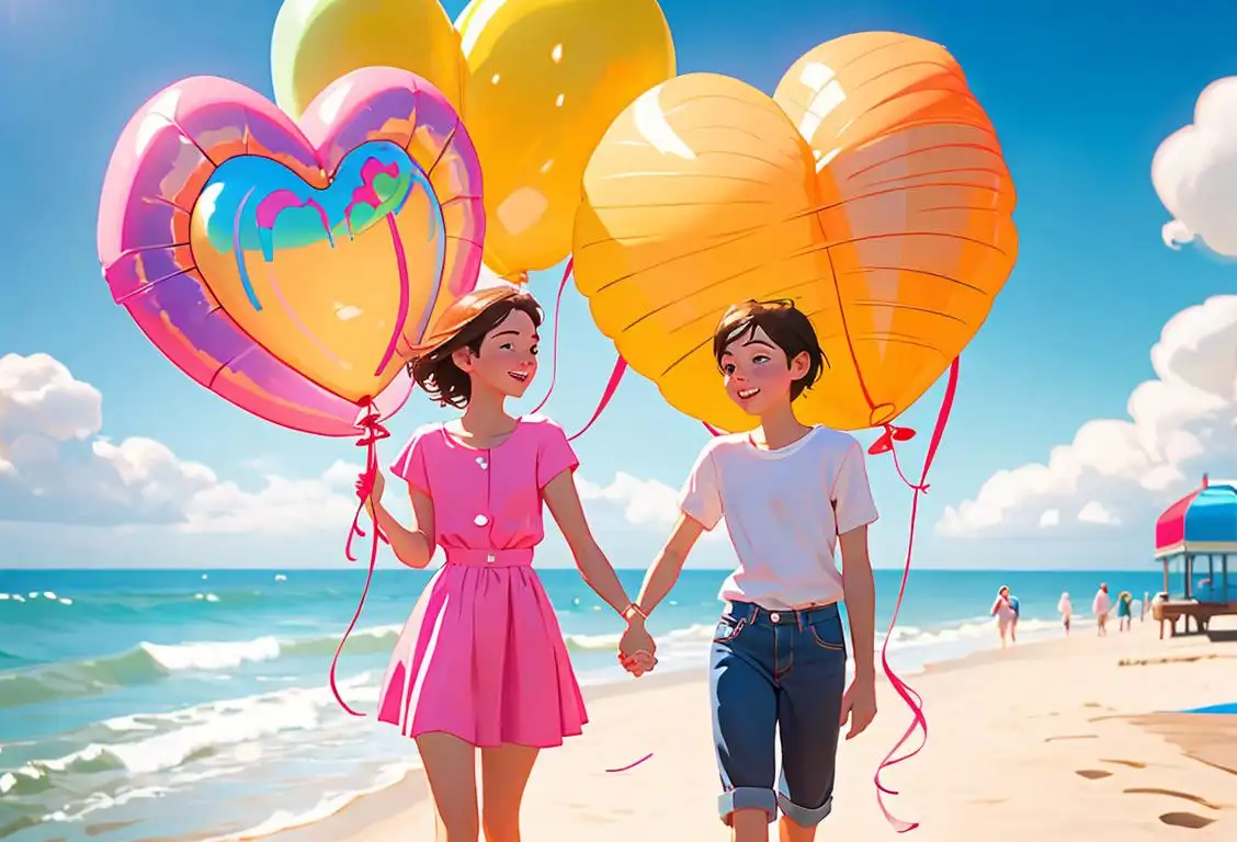Thrilled couple holding hands, walking on a beach boardwalk, wearing matching summer outfits, surrounded by colorful balloons and ribbons..