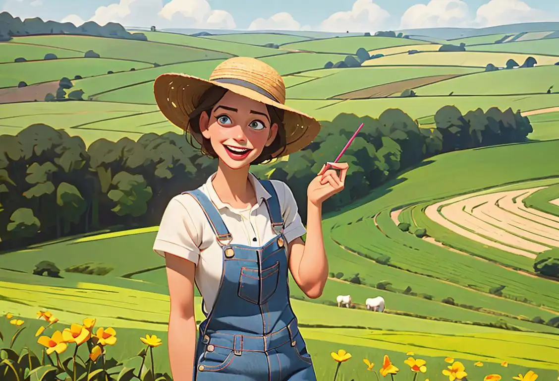 A cheerful individual wearing denim overalls, a straw hat, and surrounded by a pastoral farm landscape..